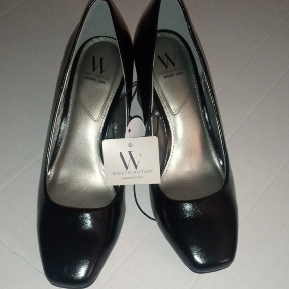 Worthington Black Patent Square-Toe Block Heels